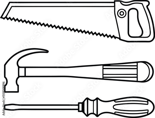 Hand saw, claw hammer, and flathead screwdriver in black outline on a white background