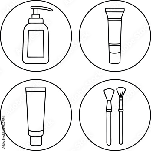 Four circles show bottles and makeup brushes in black and white line art