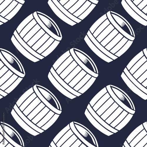 Seamless vector pattern of wooden barrels on a dark background  