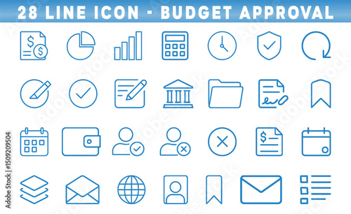 Collection of line icons illustrates essential symbols related to budget approval, showcasing financial concepts, planning tools, and management processes for strategic decision-making