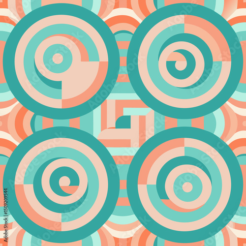 Colorful retro-futuristic seamless vector pattern in circular design  