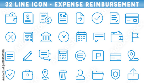 Diverse assortment of line icons illustrates various aspects of expense reimbursement, including wallets, forms, calendars, and financial symbols for effective tracking