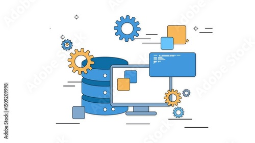 Data Processing Workflow Diagram with Gear, Document, and Database  Animated Infographic