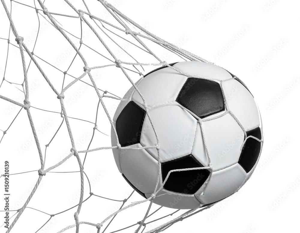 Fototapeta premium Torschuss ball im Netz isoliert auf weißen Hintergrund, transparent