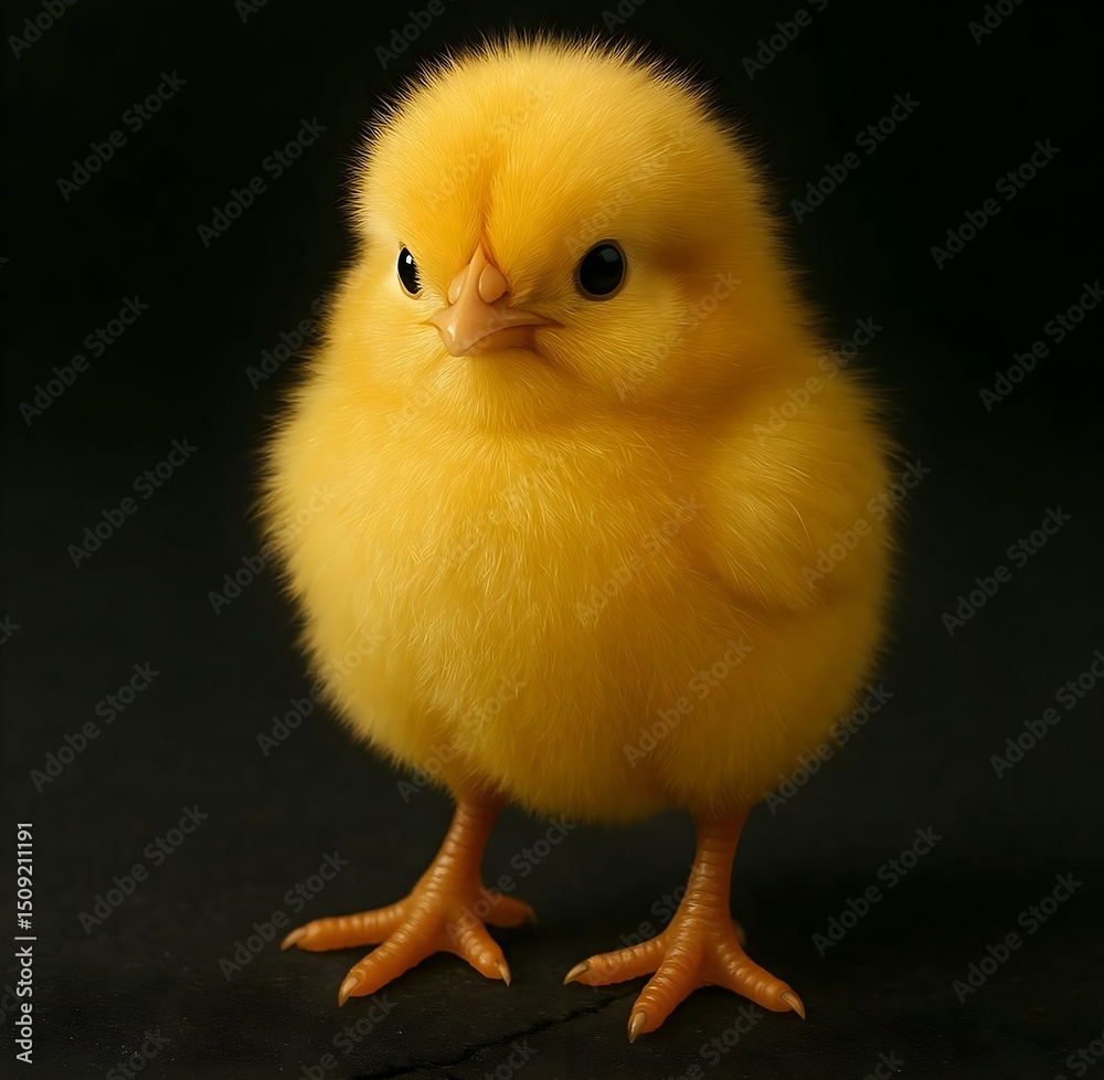 Obraz premium Yellow Fluffy Chick on Black Background
