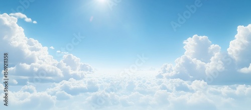Aerial view bright sun, fluffy cloudscape, above-clouds perspective, travel/peace background