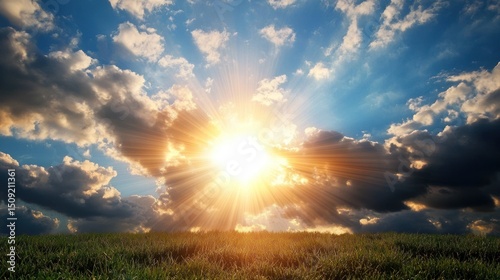 Sunset over grassy field, dramatic sky, peaceful landscape, nature background, ideal for travel brochures