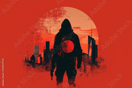 A villain holding a detonator with a city skyline behind them silhouette