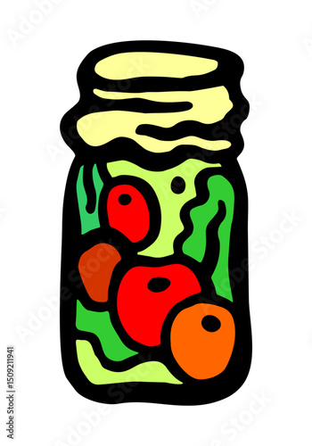 Vector color illustration of a canned jar with tomatoes and brine on a white isolated background