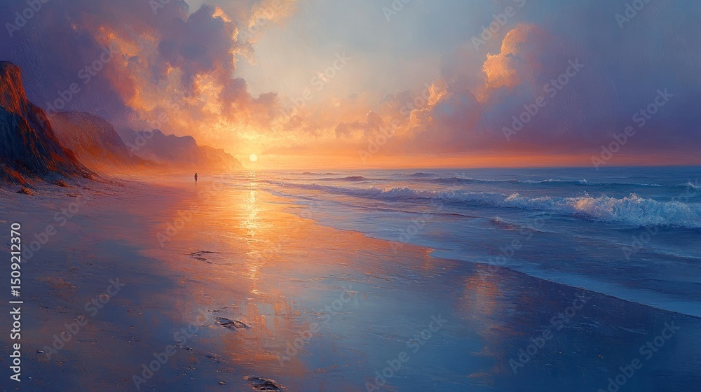 Fototapeta premium A serene beach scene at dawn, with calm waves, a pastel-colored sky, and a lone figure walking along the shore, leaving footprints in the sand. --ar 16:9 --stylize 750 --v 6.1 Job ID: f31442ad-f44a-40
