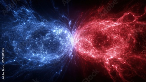 Vibrant red and blue abstract energy forms clashing on a dark background