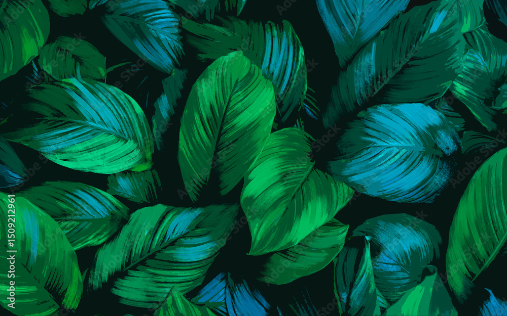 custom made wallpaper toronto digitalPintura, folhas, verde, azul, natureza, floresta, fundo, papel de parede, plano de fundo, estampa, padrão, folhagem, ornamento, textura, jardim, botânico, tropical, magia, místico, inverno, planta