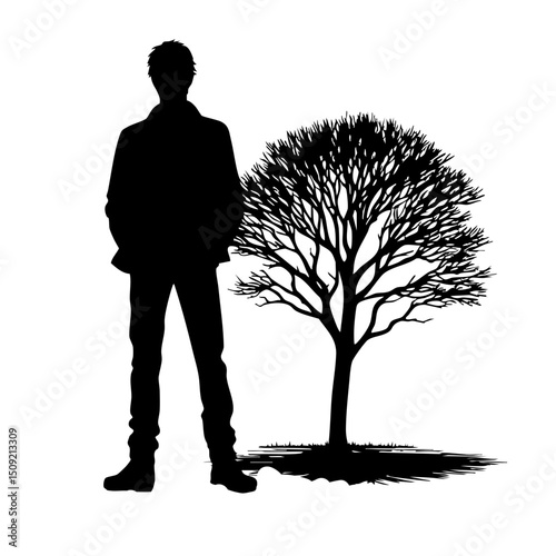 Silhouette of a man standing beside a tree in a minimalist style  