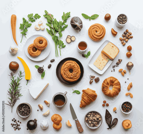 A vibrant collection of isolated sweet and savory spices and healthy food ingredients on white wood for cooking recipes
