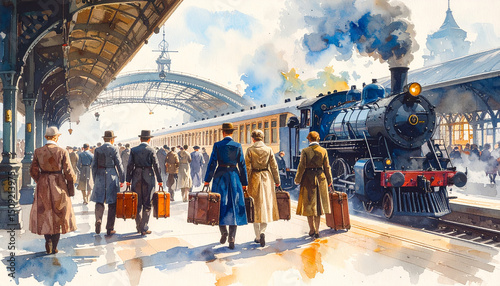 An AI generated image of an European train station in the 18th century with commuters and a steam-engine train 