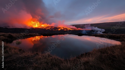 Volcanic eruption reflected in still water at dusk