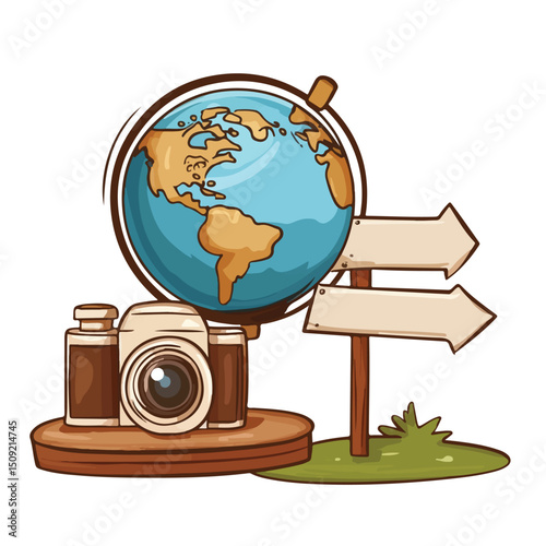Colorful Summer Earth Globe Cartoon with Camera and Signpost, Illustration for Travel Marketing Materials