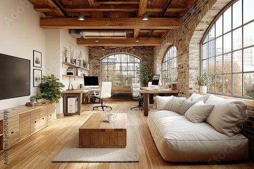 Interior design: 3D rendering mock-up of elegant open workplace in a wooden and stone renovated loft with desks and comfortable sitting area for informal meetings