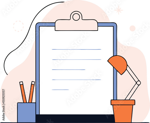 Clipboard with lamp and pencils illustration suitable for business and education designs