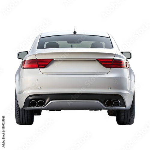 White Car Rear View Isolated on White Background – Modern Vehicle Backside for Transportation Design, Auto Marketing, and Mockups