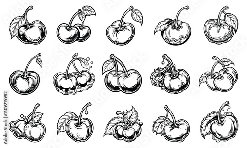 Detailed Cherry fruit Coloring Page for Adults with Fine Line Art, Ideal for Art Therapy, Relaxation, and Stress Relief, Perfect for Printable or Adult Coloring Book Use.