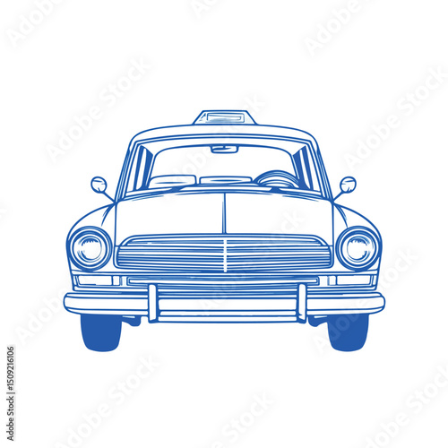 Modern Taxi Cab Vehicle Front View Blue Lines Vector Illustration