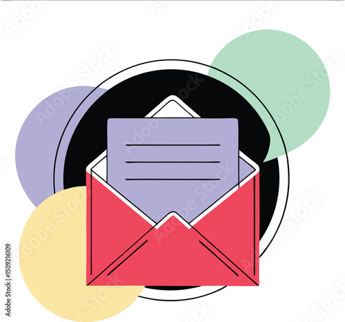 Colorful flat illustration of a red envelope with a blue letter in the center