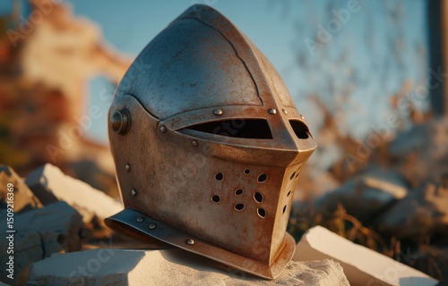 Close-up of an ancient helmet resting among historical ruins evoking a sense of fate and silence at sunset