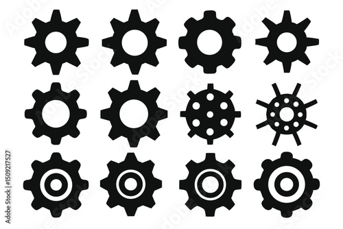 Collection of black gear icons representing mechanical engineering and industrial concepts