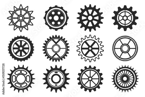 Collection of black and white gear designs mechanical engineering vector illustration