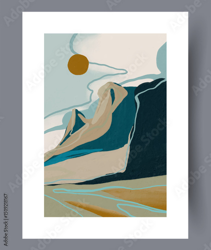 Obraz na plátně A serene abstract of majestic mountains and a vibrant sun, blending modern art e