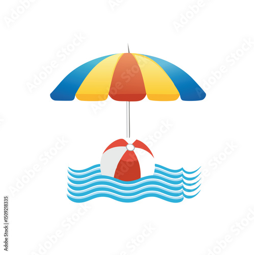 Beach ball under colorful beach umbrella summer fun