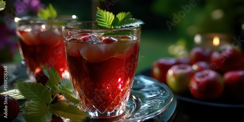 Wallpaper Mural Refreshing ruby red drink garnished with mint on a silver tray during twilight gathering in a garden setting Torontodigital.ca
