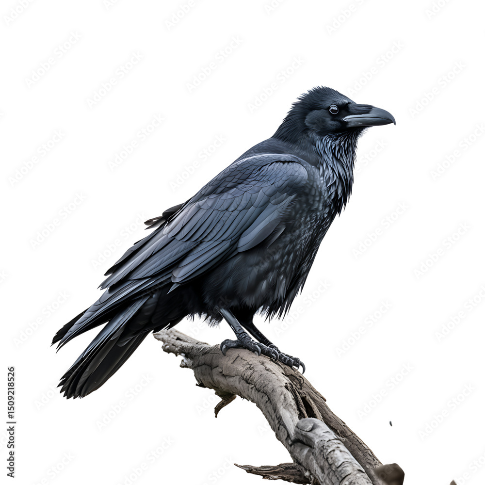 Fototapeta premium Majestic raven perched on a weathered branch against a stark black on transparent background
