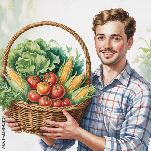 man holding basket full of vegetables, 