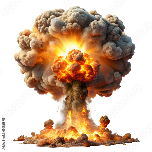 Nuclear Explosion on White Background – 3D Rendered Atomic Blast with Mushroom Cloud for Danger, War, and Catastrophe Concepts