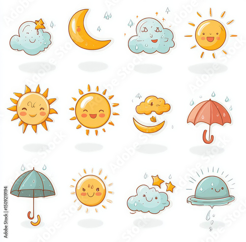 This delightful collection showcases whimsical weather icons including joyful suns crescent moons smiling clouds and a colorful umbrella perfect for colorful designs aimed at children