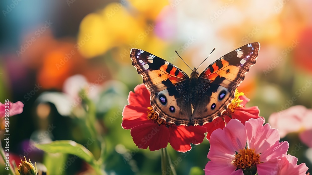 Naklejka premium A close-up of a butterfly resting on a vibrant flower in a sunny meadow 