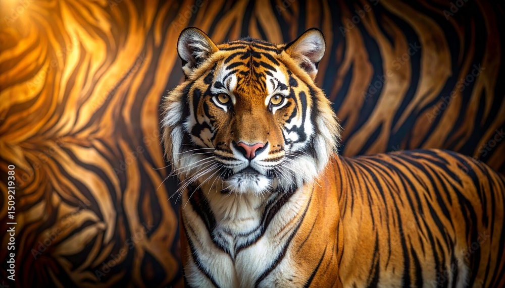 Fototapeta premium A striking tiger with vivid striped fur poses against a matching tiger print background, captured in bright studio lighting that highlights its fierce gaze, majestic power, and wild elegance