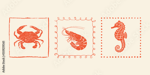 Woodcut crab, seahorse and shrimp illustration. Hand-carved style marine animals with vintage texture and bold engraving lines. Perfect for seafood menus, nautical themes, retro packaging