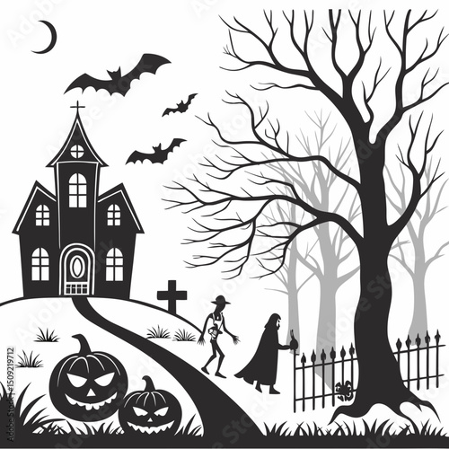 set of silhouettes of Halloween on a white background. Vector illustration