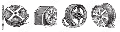 Vintage Film Reel Collection Representing Classic Cinema History, logo design, engraving design, vector illustration