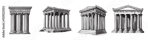 Classic Architectural Columns and Temples Illustrations in Detail, logo design, engraving design, vector illustration