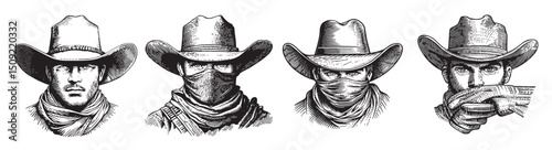 Vintage Cowboy Illustrations Featuring Bandanas and Hats, logo design, engraving design, vector illustration