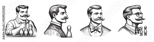 Vintage Men with Mustaches in Various Attires and Styles, vintage retro hipster logo design, vector illustration, engraving design