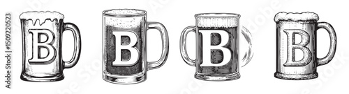Vintage Hand-Drawn Beer Mugs with Initials for Bar or Brewery Decor, vintage retro hipster logo design, vector illustration, engraving design