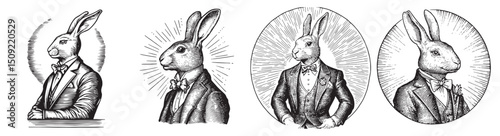 Elegant Rabbit in Suit with Bow Tie in Vintage Monochrome Style, vintage retro hipster logo design, vector illustration, engraving design