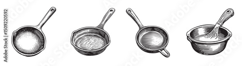 Vintage Kitchenware Collection: Sieve, Frying Pan, Bowl, Whisk, vintage retro hipster logo design, vector illustration, engraving design