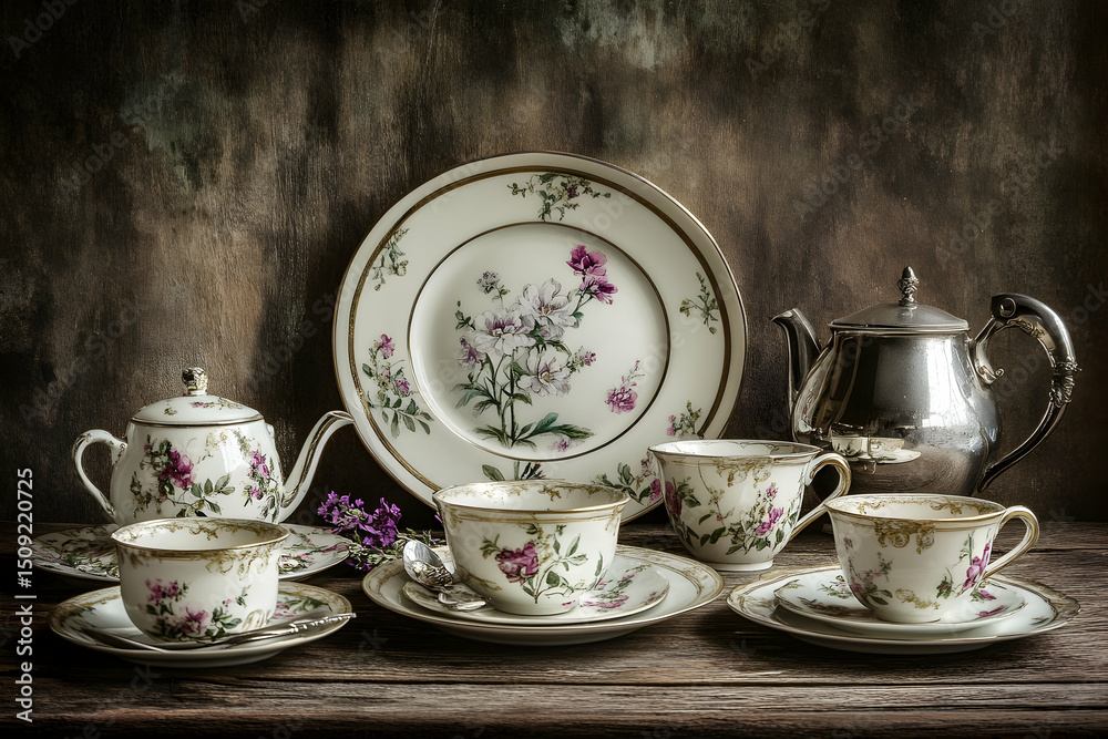Fototapeta premium Elegant floral porcelain tea set with silver teapot on rustic wooden table