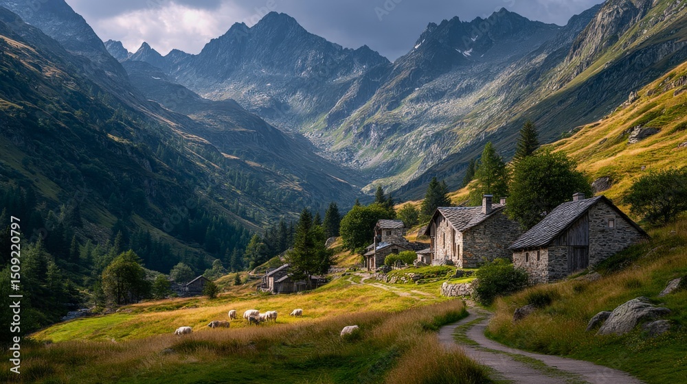 Obraz premium Winding roads through a tranquil alpine village in the Austrian Alps with roaming goats